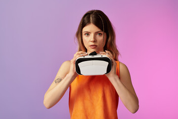 Young woman enjoys virtual reality experience in a vibrant summer setting filled with energy