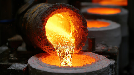 Molten gold pouring from smelting crucible into mold, glowing orange metal, industrial process, intense heat, dramatic scene