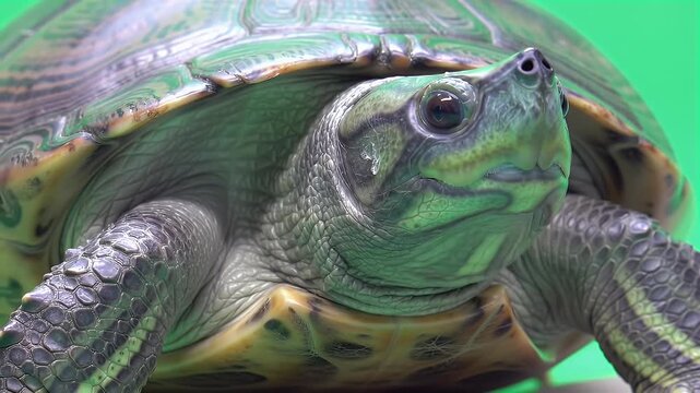 Curious green turtle close-up, showcasing its intricate shell patterns and expressive eyes against a vibrant background