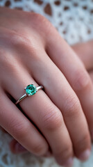 Emerald gemstone ring on finger silver band elegant jewelry engagement close up feminine delicate stylish romantic