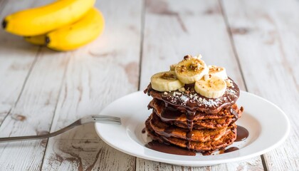 A stack of chocolate pancakes topped with sliced bananas, nuts, and chocolate syrup, sitting on a white plate on a light wooden table.