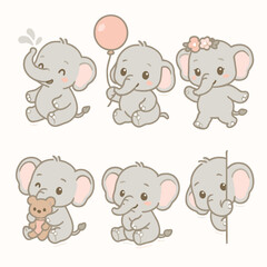 Cute Baby Elephant Sticker Set with Various Poses and Expressions