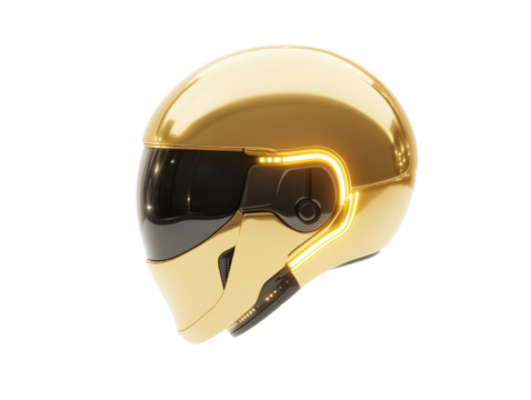 Futuristic gold helmet with black visor and led lights