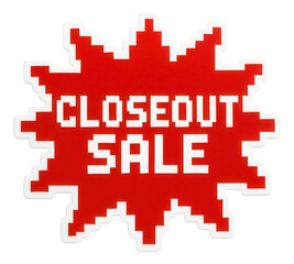 Obraz premium Bold red burst sticker with CLOSEOUT SALE promotion in pixelated text, attention-grabbing retail discount offer on transparent background.