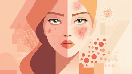 National Eczema Week. Flat vector illustration showing healthy skin vs eczema-affected skin, modern infographic style, clean geometric shapes, medical awareness theme