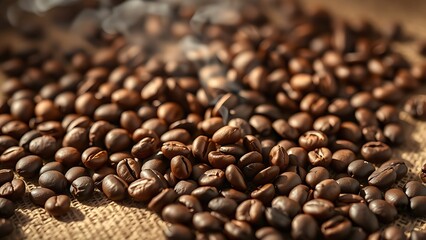 Fototapeta premium Freshly roasted coffee beans on burlap, steaming with warmth and rich texture.
