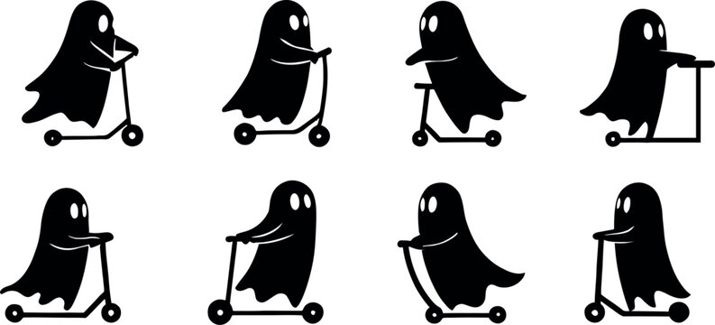 Cute black ghost character riding a scooter in different poses isolated on white background