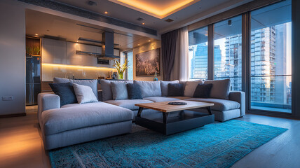Spacious Contemporary Living Room with Clean White Wall Space for Triptych made with generative AI
