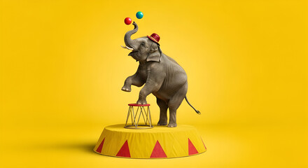 Circus elephant balancing on stool juggling balls on yellow background
