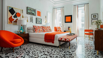 vibrant yet minimalist kids bedroom with a white door on the center of the image. the bedroom has a cute bed and a mini sofa  made with generative AI
