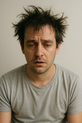 Tired Man Portrait Disheveled Hair, Weary Eyes, and Gray T-shirt