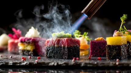 Close-up of modern chef using a blow torch for final touch on gourmet meal 