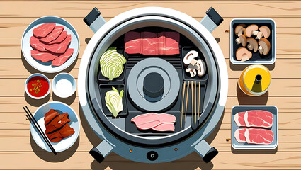 A circular tabletop griddle is surrounded by bowls and trays of raw meat, vegetables, and sauces on a light wood surface.
