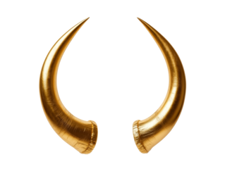Golden bull horns on black background with shiny metallic finish