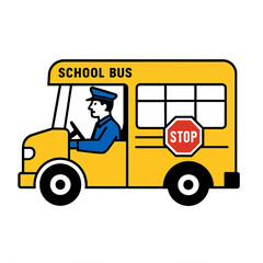 Yellow School Bus Driver with Red Stop Sign Minimalist Vector Illustration.