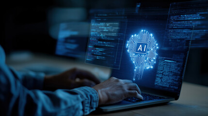 Artificial intelligence software developer blue denim shirt coding futuristic technology digital interface innovation programming computer