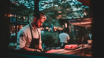 High-angle view of chef preparing ingredients with precision scale and sous-vide setup 
