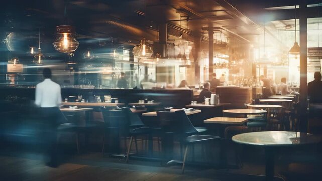 Dynamic restaurant interior with motion blur of waiters and guests, warm glowing lights, cinematic atmosphere, modern urban caf&eacute; evening scene, stylish bokeh reflections, contemporary dining concept