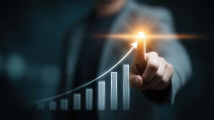 Businessman hand touching glowing arrow on virtual bar graph, symbolizing business growth, success, and financial progress in modern office environment, with futuristic and optimistic mood