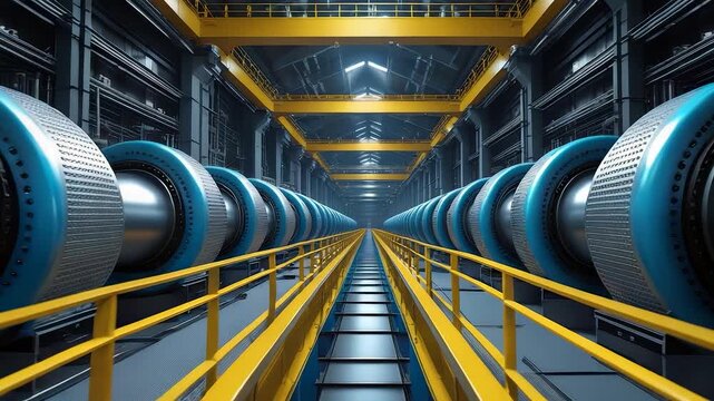 Industrial Corridor Machinery Blue Yellow Rails Factory Interior Metal Equipment Scene