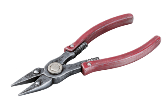 Angled-jaw pliers with red handles, used for gripping, cutting, or bending