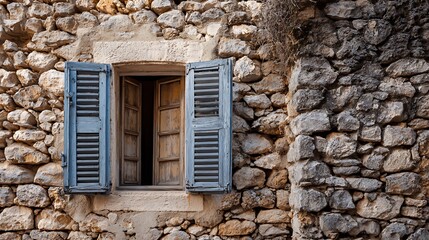 Open Window with Weathered Shutters on a Rustic Stone Wall