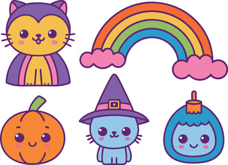 Fototapeta premium Adorable kawaii halloween characters including a cat vampire pumpkin and a witch cat