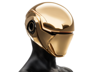 Futuristic gold helmet on black background showcasing sleek robotic design