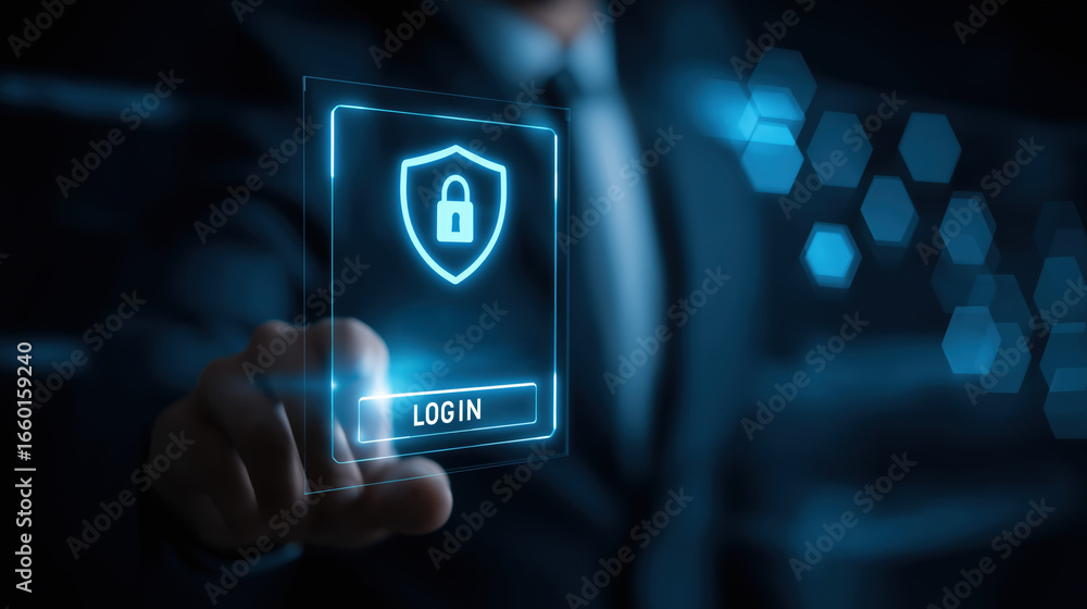 Poster businessman touching digital login interface with security lock icon, representing secure access, cy