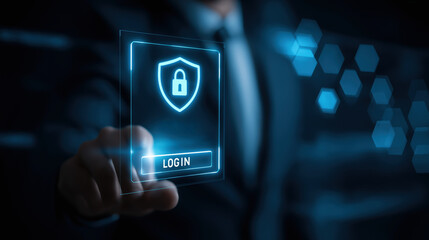 Businessman touching digital login interface with security lock icon, representing secure access, cybersecurity, and data protection in modern technology environment