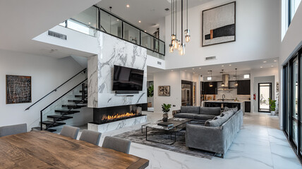 Spacious Contemporary Living Room with Clean White Wall Space for Triptych made with generative AI