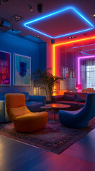Trendy Living Room Interior for Young People with Colorful Decor and LED Wall Lights  made with generative AI