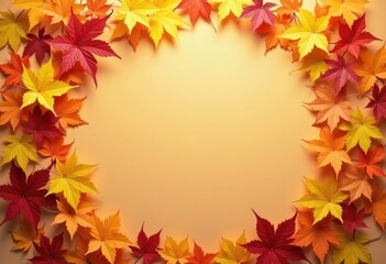 Orange fall background with frame of autumn yellow and golden maple leaves, template