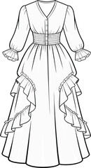 Elegant vintage dress, ruffled details, long sleeves, buttoned front, smocked waist, fashion sketch, technical illustration, cad drawing, flat vector