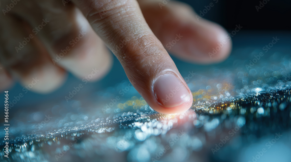 Poster close up of finger touching digital screen with glowing virtual interface, technology innovation and