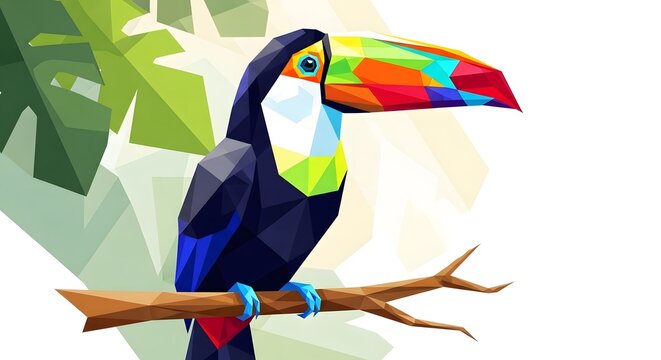 Vibrant Geometric Toucan Perched on Branch. Colorful Tropical Bird Illustration.