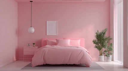 vibrant yet minimalist kids bedroom with a white door on the center of the image. the bedroom has a cute bed and a mini sofa made with generative AI