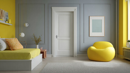 vibrant yet minimalist kids bedroom with a white door on the center of the image. the bedroom has a cute bed and a mini sofa made with generative AI