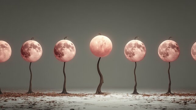 Surreal trees with glowing full moon spheres in abstract landscape