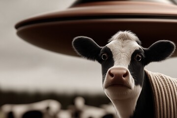 Cow staring at UFO flying above, surreal alien abduction concept