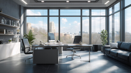 modern corporate office interior, no people, landscape type layout, big windows overlooking city view, clean and professional workspace, neutral tones. Modern office in the city centre. Background, wa