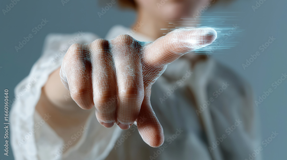 Poster hand touching virtual transparent screen digital interface interaction futuristic technology innovat