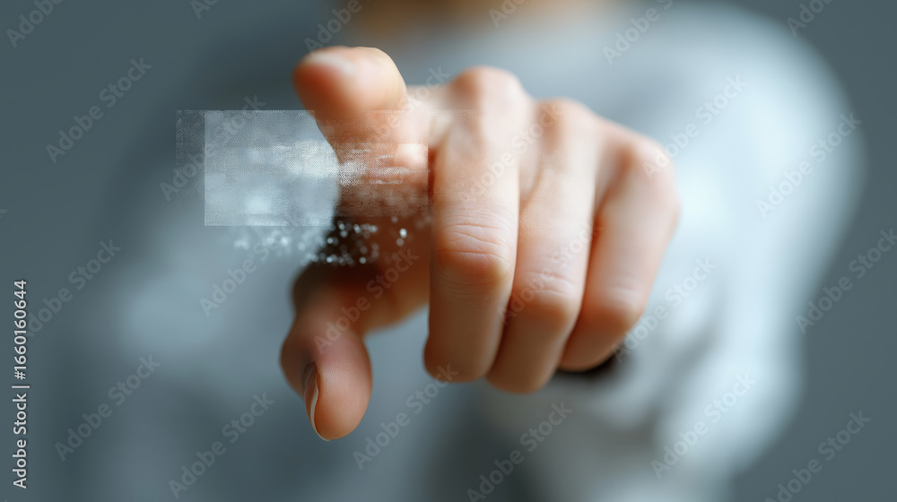 Poster hand touching transparent virtual screen blurred background modern technology digital interface inno