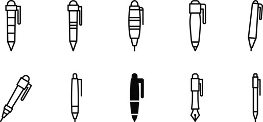 Set of Pen Icons, Minimalist Black Outline Drawings of Various Pen Styles, Writing Tools for Office, Education, and Creativity Designs