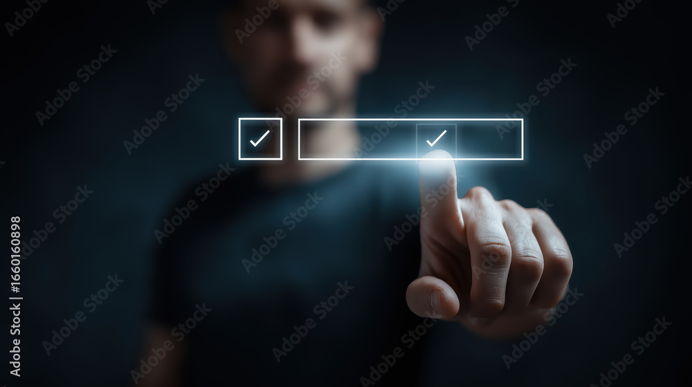 Poster man touching virtual check box interface, futuristic technology concept, dark background, focus on g