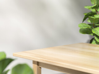 Wooden Table with Green Plants and Soft Natural Light, Space for product presentation display. 3D illustration