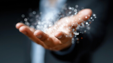 Fototapeta premium Magic hand sparkles business technology innovation concept creativity imagination futuristic businessperson outstretched hand with glowing sparkles and bokeh lights symbolizing innovation