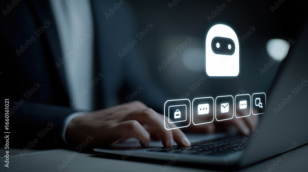 Poster professional in dark grey suit is using laptop with glowing chatbot interface, symbolizing artificia