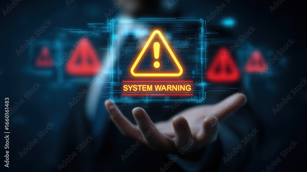 Poster system warning alert icon floats above open hand, glowing digital interface, futuristic technology, 