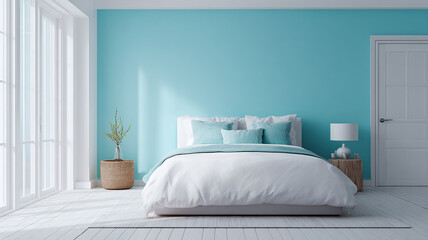 soft yet minimalist kids bedroom with a white door on the center of the image. the bedroom has a cute bed and a mini sofa made with generative AI